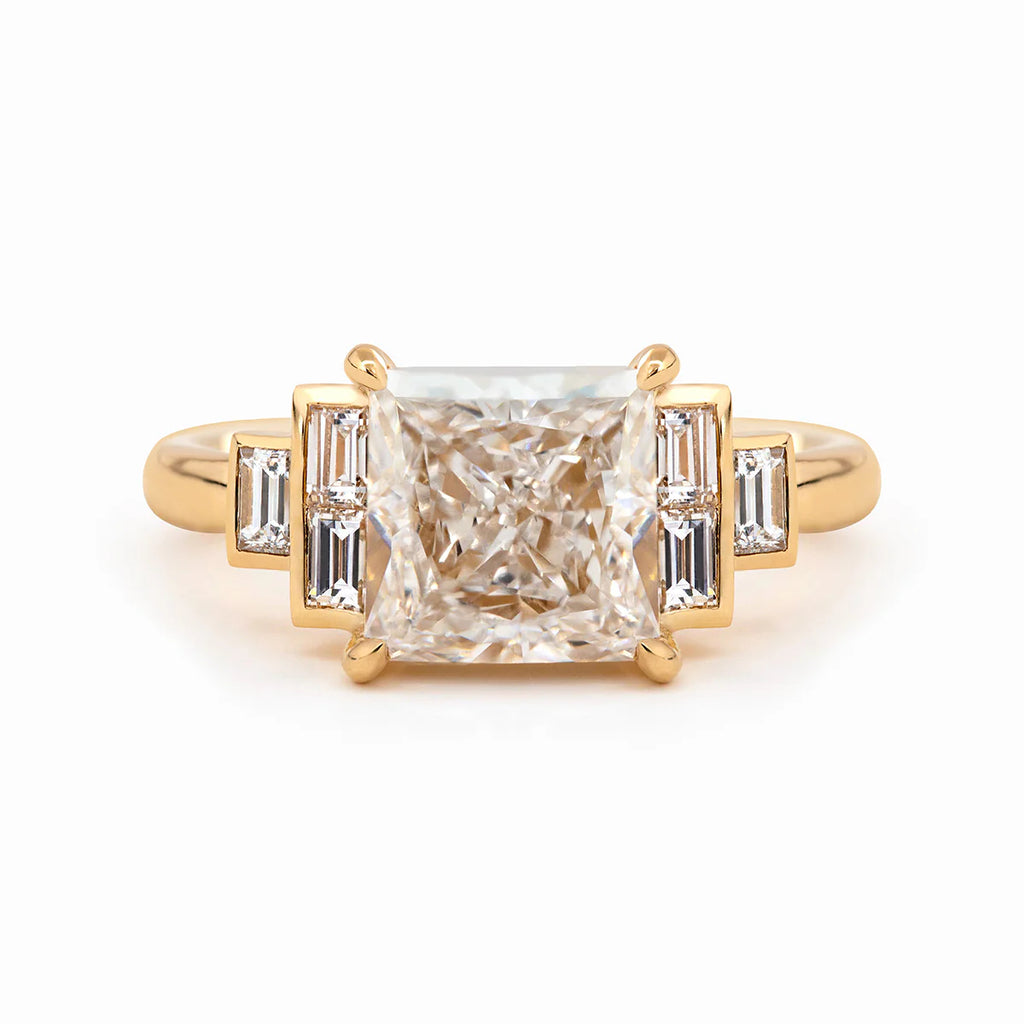 14K Yellow Gold 3.5ct Princess Cut Lab Diamond Ring with Baguette Cut Side-stones
