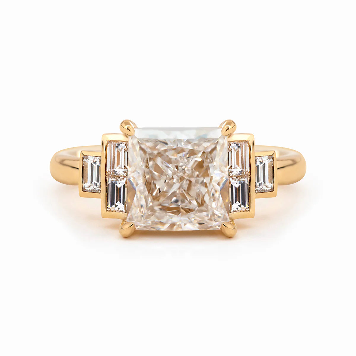 14K Yellow Gold 3.5ct Princess Cut Lab Diamond Ring with Baguette Cut Side-stones