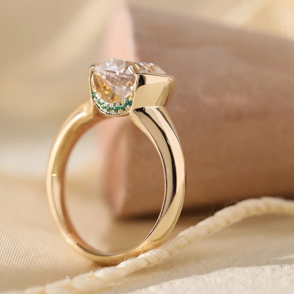 14k 18K Yellow Gold 3.5ct Old Mine Cut Lab Diamond Half Bezel Statement Ring with Hidden Round Lab Emerald Wave Pave