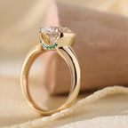 14k 18K Yellow Gold 3.5ct Old Mine Cut Lab Diamond Half Bezel Statement Ring with Hidden Round Lab Emerald Wave Pave