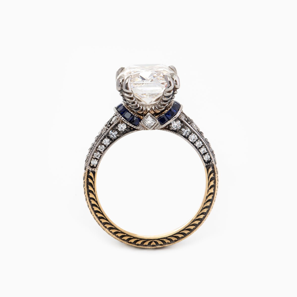 Long, old-mine cut lab-grown diamond ring, 18k vintage style ring