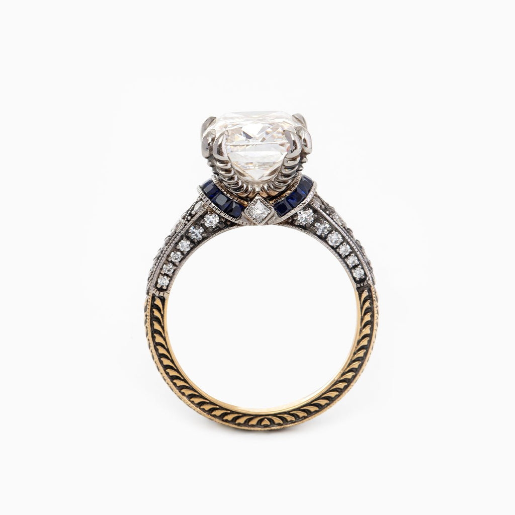 Long, old-mine cut lab-grown diamond ring, 18k vintage style ring