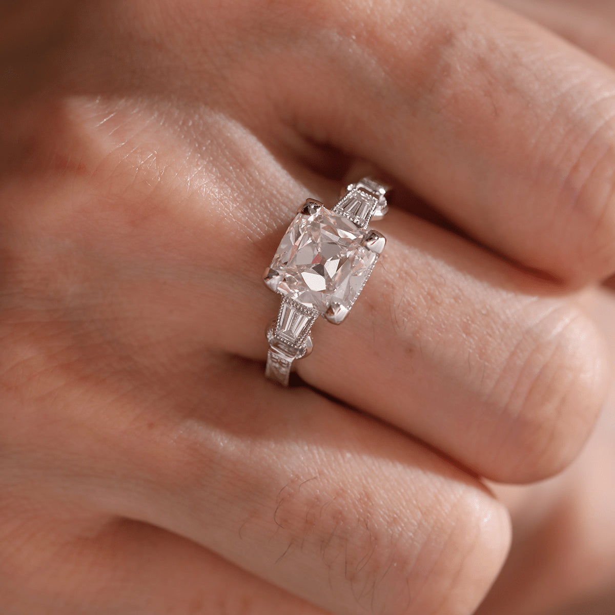 Vintage art style old mine cut 3-carat lab-grown diamond three-stone ring