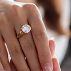 14k 18K Yellow Gold 3.5ct Old Mine Cut Lab Diamond Half Bezel Statement Ring with Hidden Round Lab Emerald Wave Pave