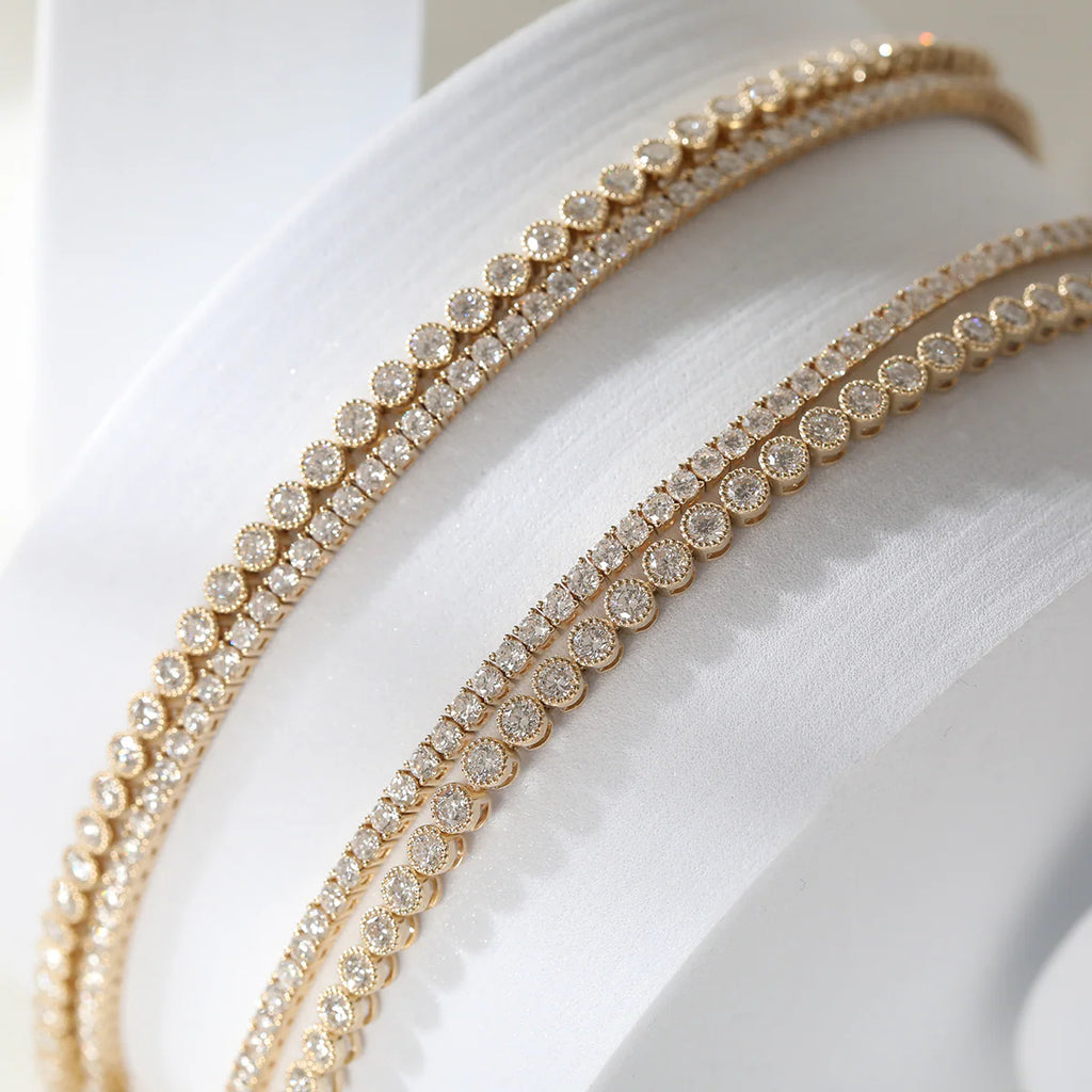 14K Yellow Gold 2.6mm Round Brilliant Cut Lab Diamond Millegrain Bezel Tennis Chain Necklace