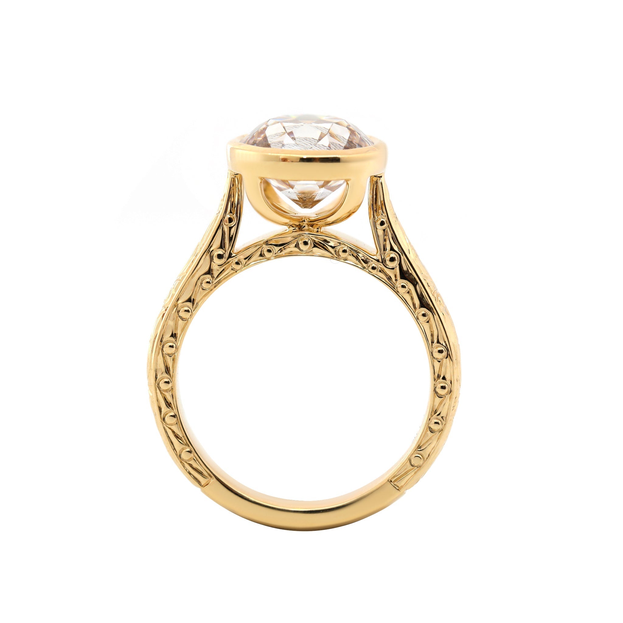 Lab-grown diamond ring, round, 3.19 carats, bezel setting, hand-engraved design, antique European cut.