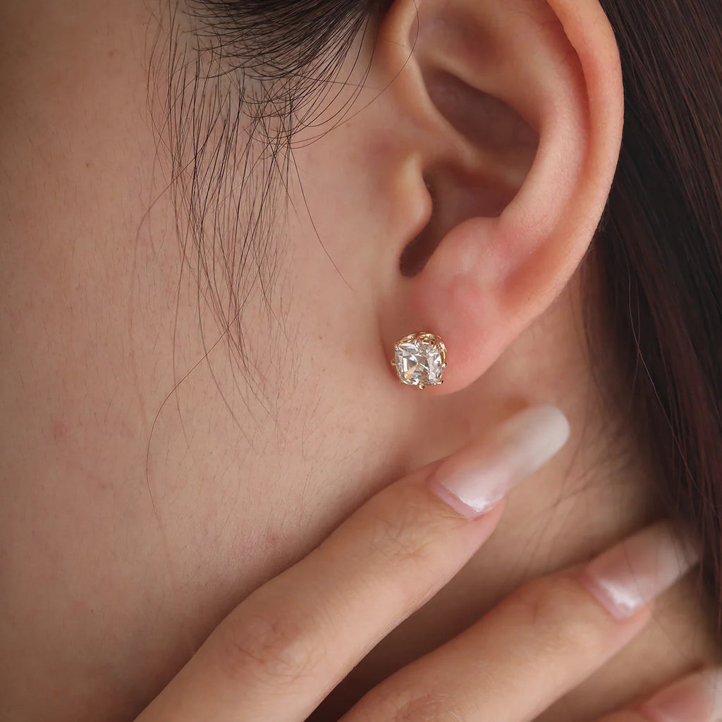 14K Yellow Gold 2 ct tw Old Mine Cut Lab Diamond 8 Claw Crown Basket Stud Earrings