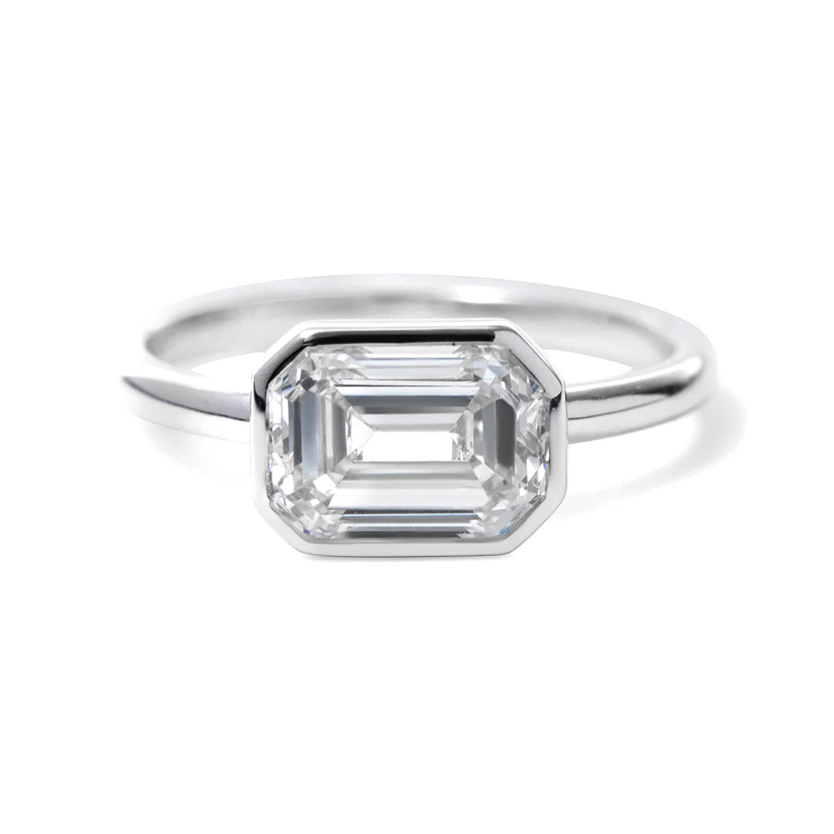 14K White Gold 2ct Emerald Cut Lab Diamond Bezel Solitaire Ring