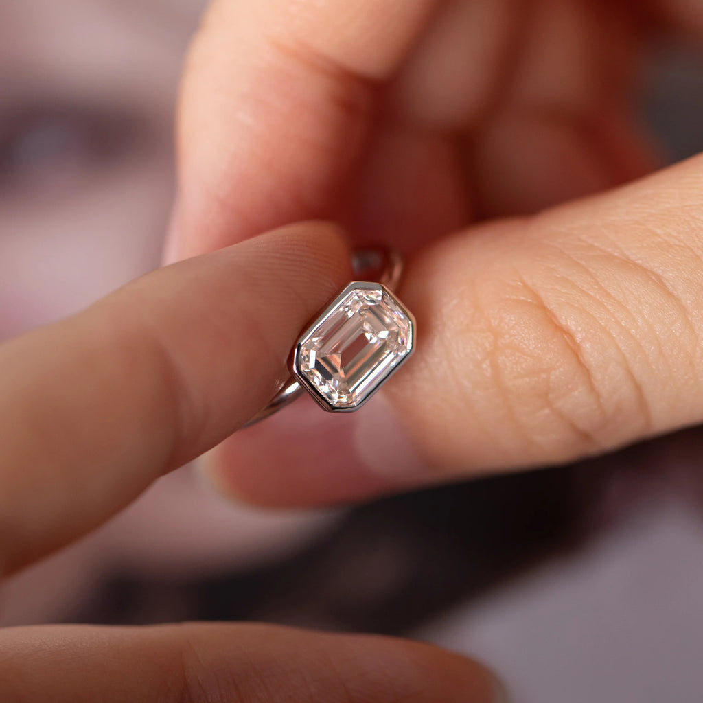 14K White Gold 2ct Emerald Cut Lab Diamond Bezel Solitaire Ring