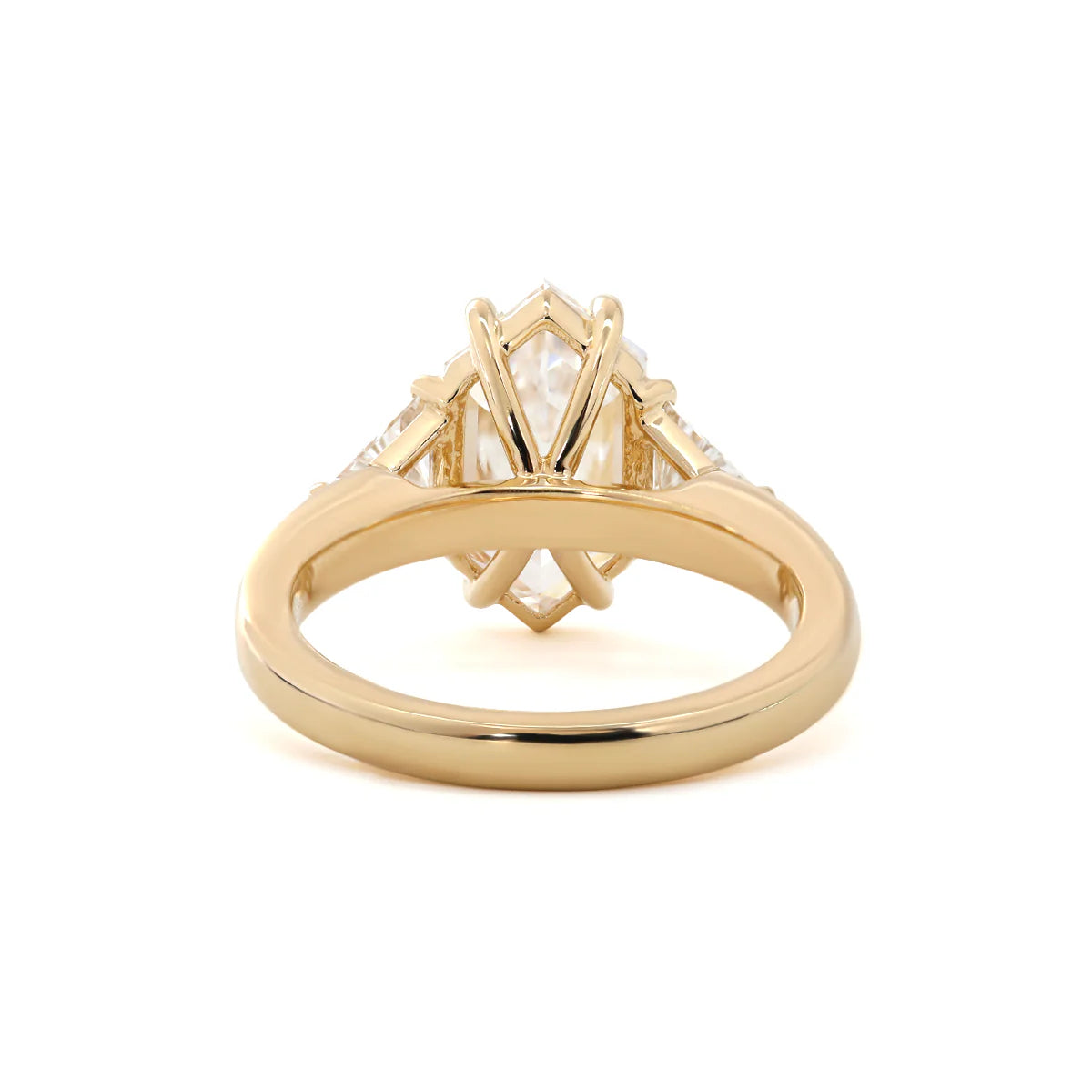 14K Yellow Gold 3ct Elongated Hexagonal Step Cut Lab Diamond Victoran-Style Three Stone Ring with Triangle Side-stone