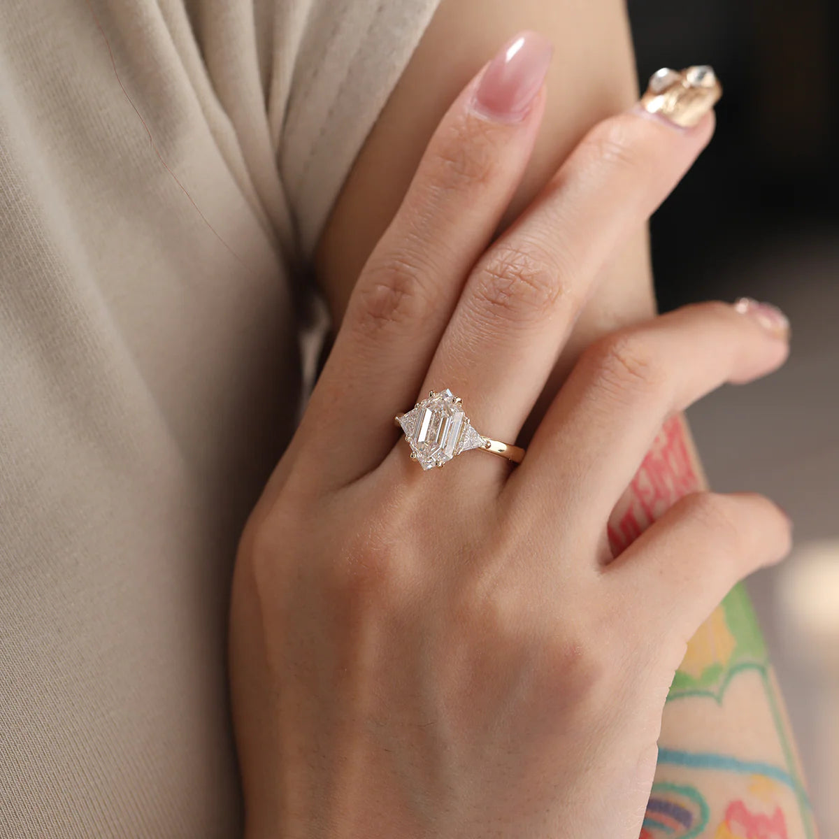 14K Yellow Gold 3ct Elongated Hexagonal Step Cut Lab Diamond Victoran-Style Three Stone Ring with Triangle Side-stone