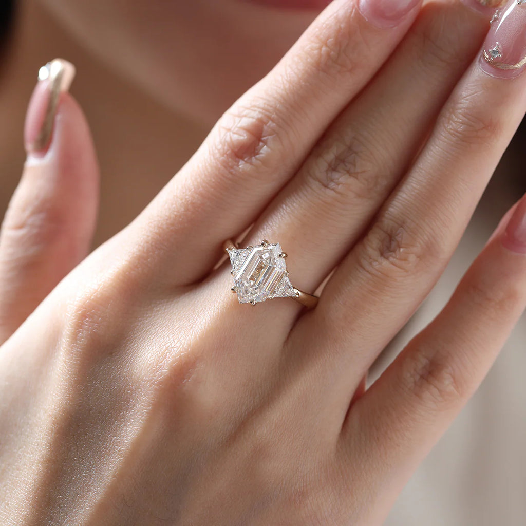 14K Yellow Gold 3ct Elongated Hexagonal Step Cut Lab Diamond Victoran-Style Three Stone Ring with Triangle Side-stone