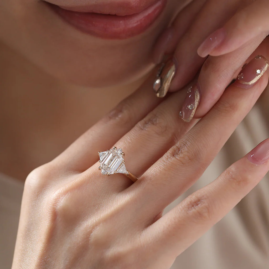 14K Yellow Gold 3ct Elongated Hexagonal Step Cut Lab Diamond Victoran-Style Three Stone Ring with Triangle Side-stone