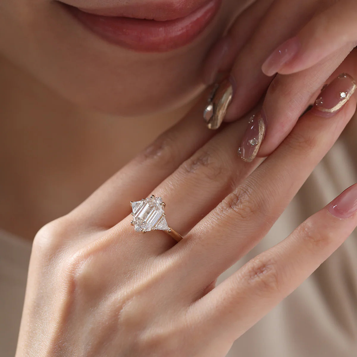 14K Yellow Gold 3ct Elongated Hexagonal Step Cut Lab Diamond Victoran-Style Three Stone Ring with Triangle Side-stone