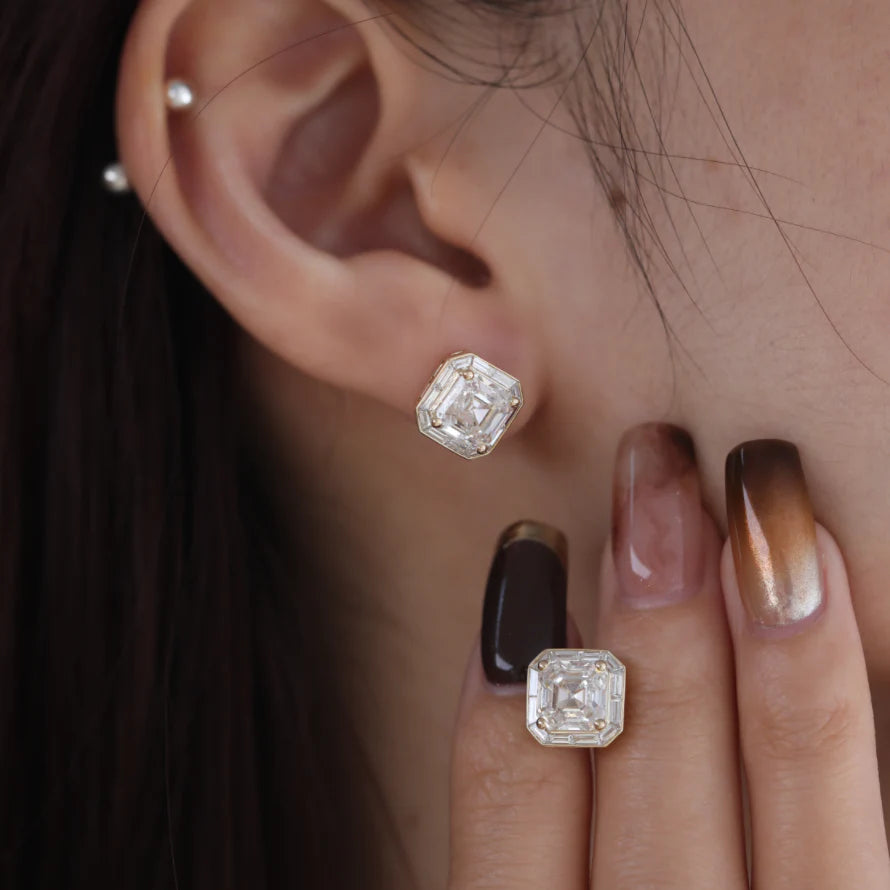 14K Yellow Gold 5 ct tw Asshcer Cut Lab Diamond Halo Stud Earrings