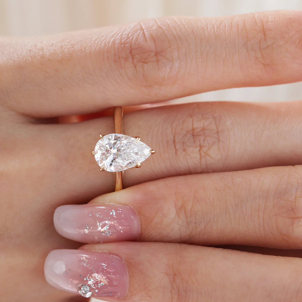 14K Yellow Gold 2ct Pear Cut Lab Diamond 6 Claw Prongs Floral Basket Ring with Hidden Round Diamond Millegrain Pave