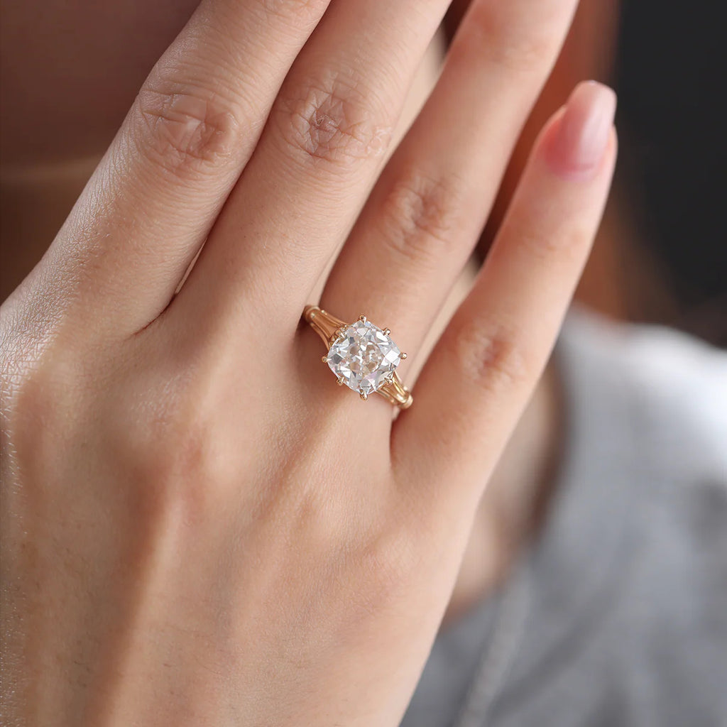 14K 18K Yellow Gold 3 Carat Old Mine Cut Lab Diamond 8 Prong Crown Basket Solitaire Ring