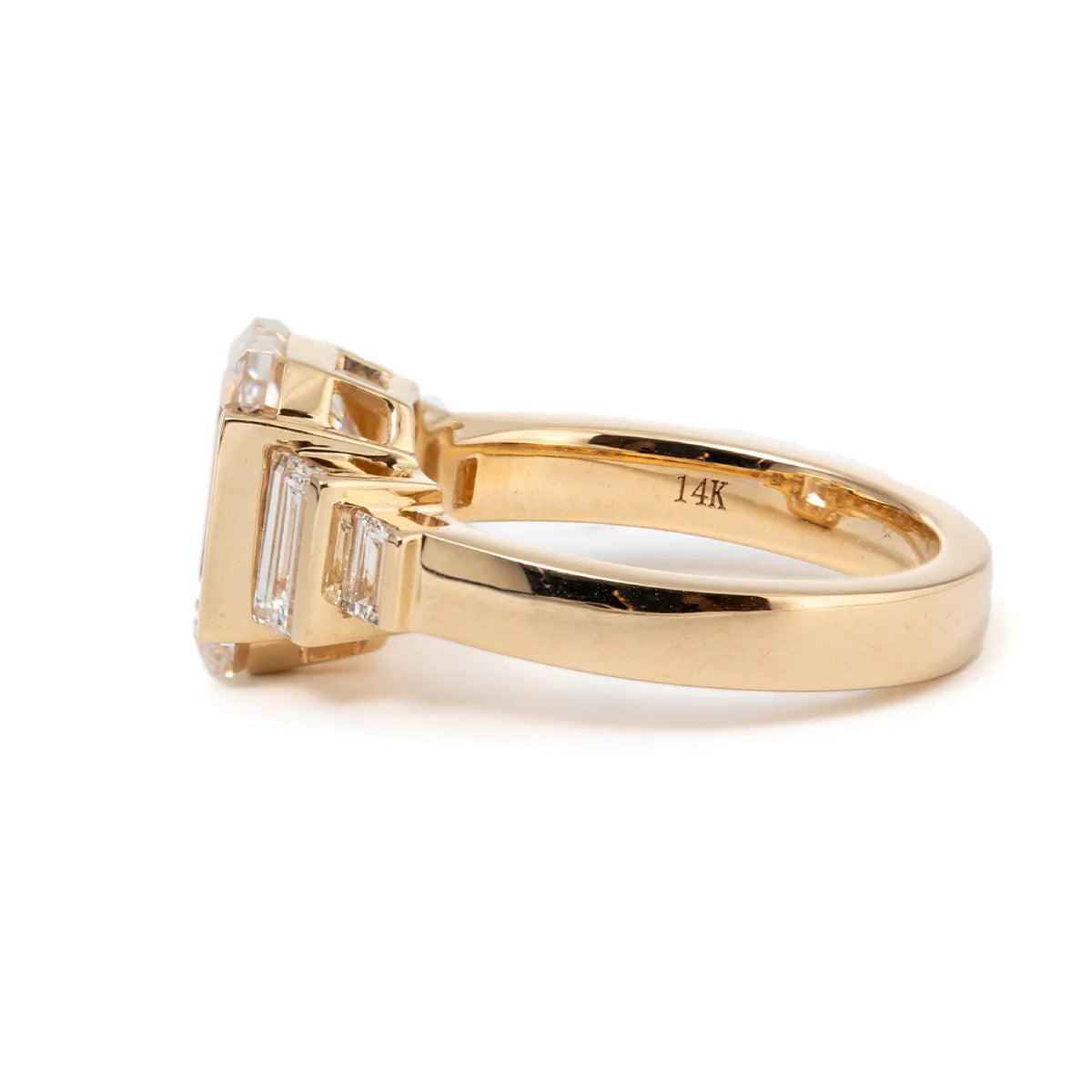 18K Yellow Gold 3ct Emerald Cut Lab Diamond Half Bezel Five-stone Ring with Baguette Cut Side Stones