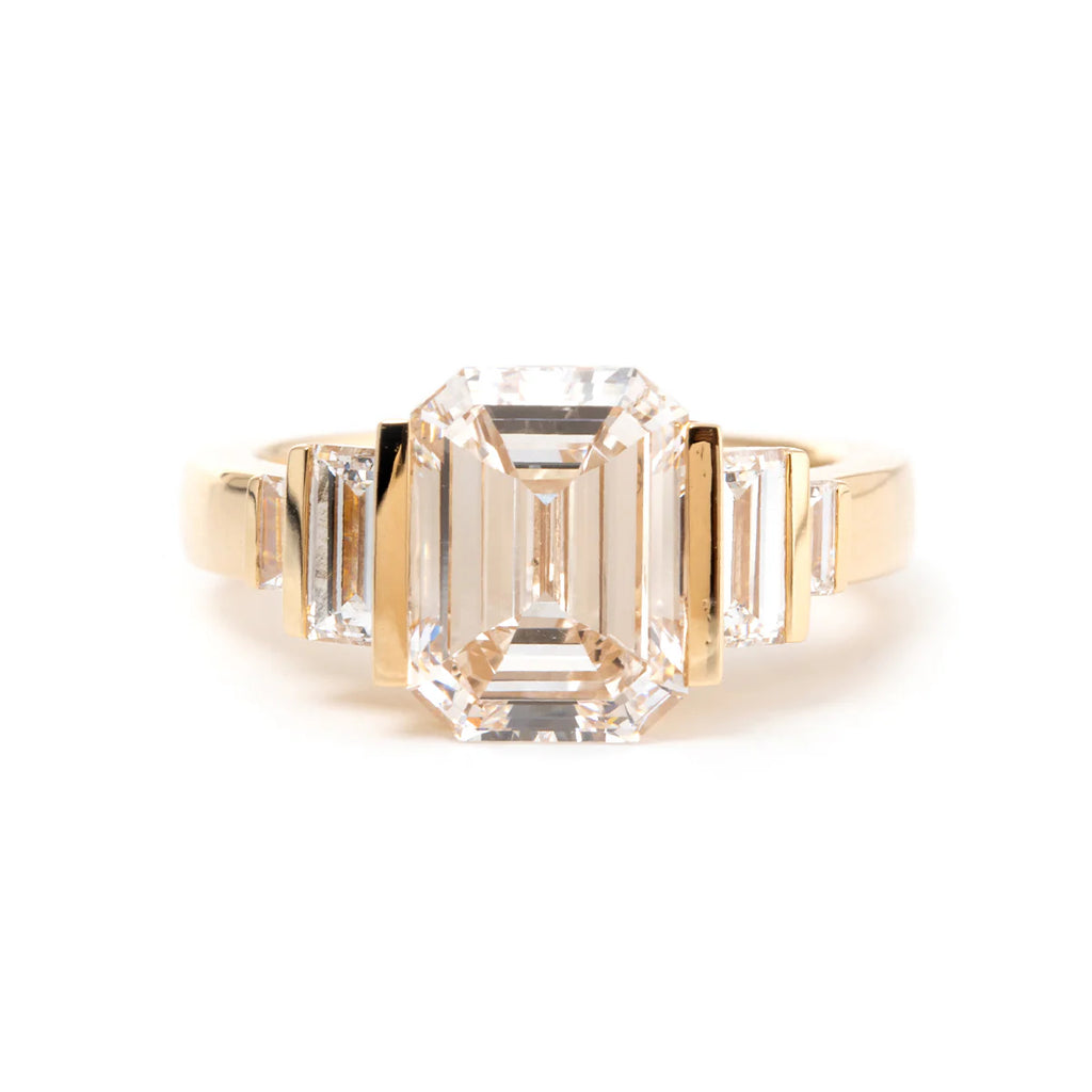 18K Yellow Gold 3ct Emerald Cut Lab Diamond Half Bezel Five-stone Ring with Baguette Cut Side Stones
