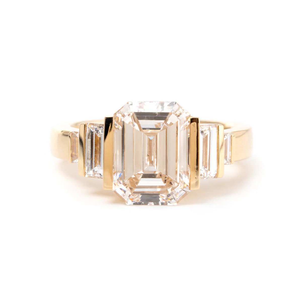 18K Yellow Gold 3ct Emerald Cut Lab Diamond Half Bezel Five-stone Ring with Baguette Cut Side Stones