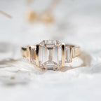 18K Yellow Gold 3ct Emerald Cut Lab Diamond Half Bezel Five-stone Ring with Baguette Cut Side Stones