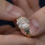 18K Yellow Gold 3ct Emerald Cut Lab Diamond Half Bezel Five-stone Ring with Baguette Cut Side Stones