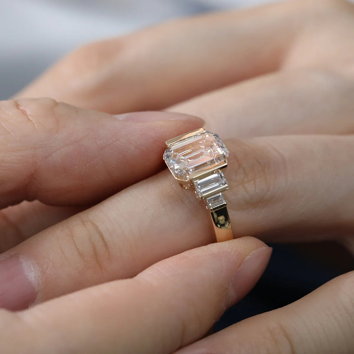 18K Yellow Gold 3ct Emerald Cut Lab Diamond Half Bezel Five-stone Ring with Baguette Cut Side Stones