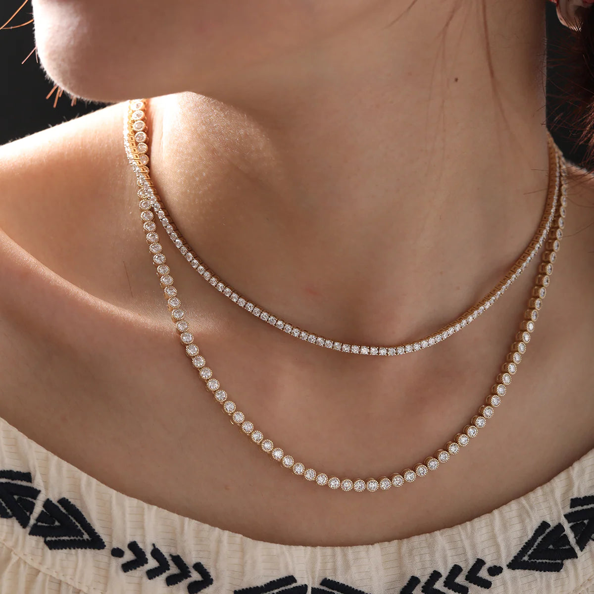 14K Yellow Gold 2.6mm Round Brilliant Cut Lab Diamond Millegrain Bezel Tennis Chain Necklace