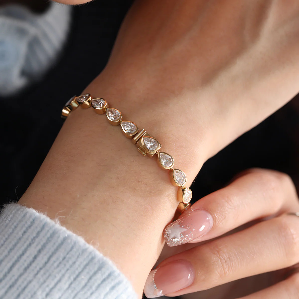 18K Yellow Gold Pear Shape Lab Diamond Bezel Tennis Bracelet