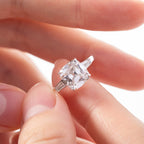 Old mine-cut laboratory-grown diamond three-stone ring, prong setting, custom wedding ring.