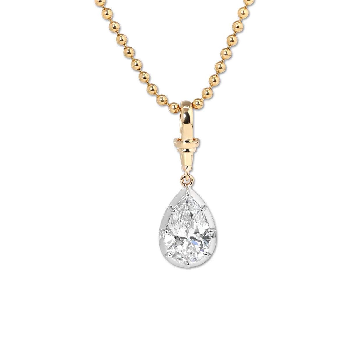 14K Yellow Gold Necklace with 3ct Pear Shaped Lab Diamond Pendant in White Gold Bezel Setting and Beaded Chain