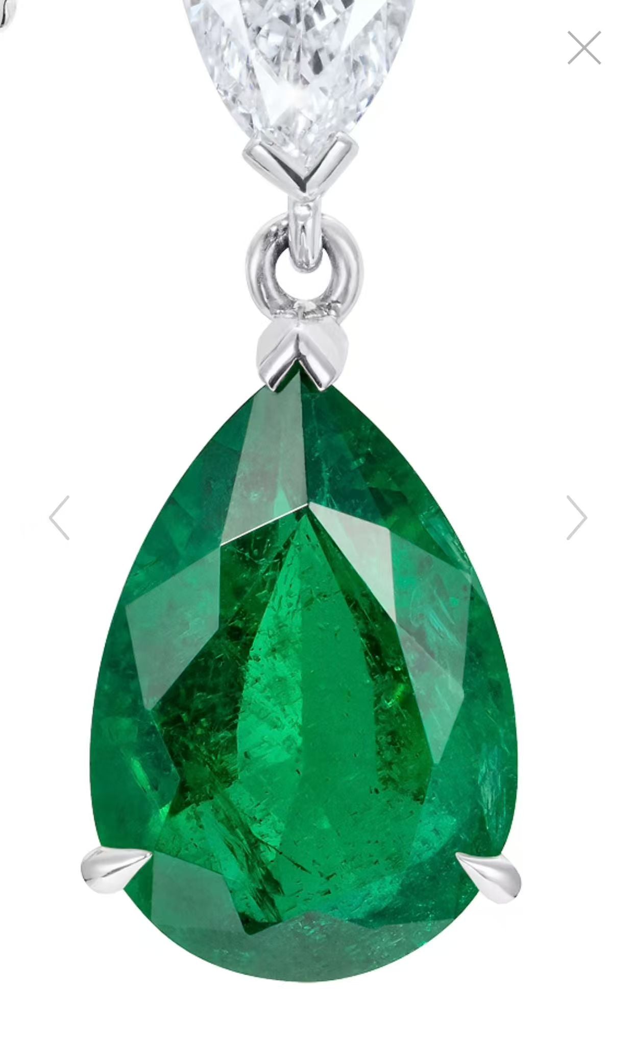 Lab-grown emerald earrings, pear-shaped emerald, platinum, certificate of authenticity.