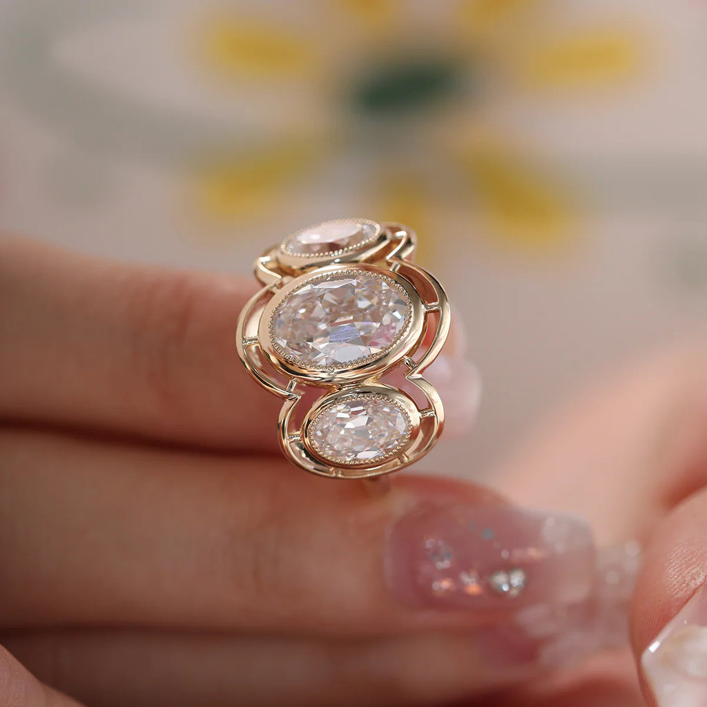 14K Yellow Gold 3ct Oval Old Mine Cut Lab Diamond Victoran-Style Millegrain Bezel Three Stone Ring