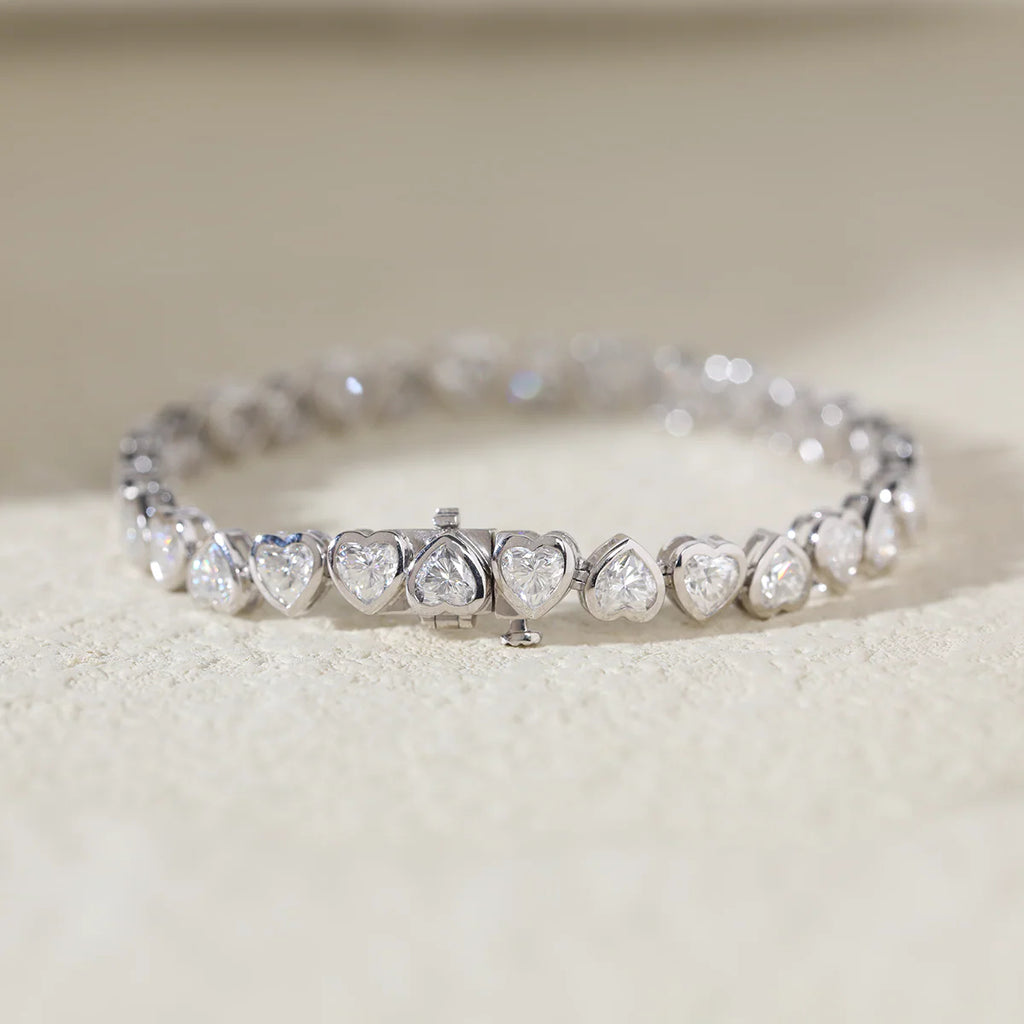14k 18K White Gold Heart Shape Lab Diamond Bezel Tennis Bracelet
