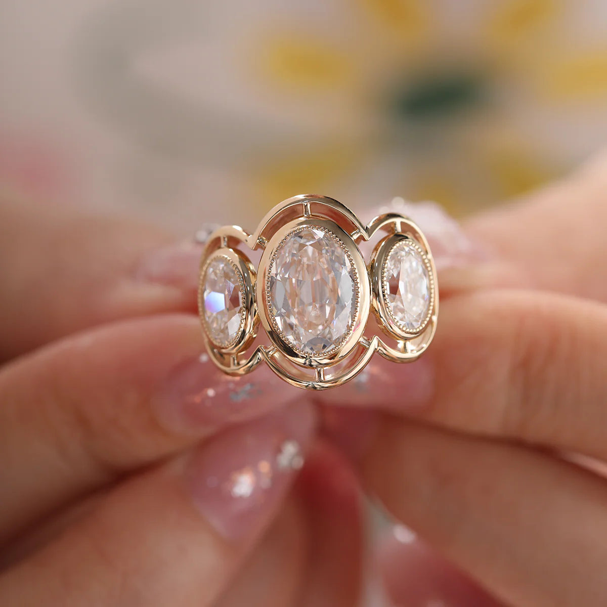 14K Yellow Gold 3ct Oval Old Mine Cut Lab Diamond Victoran-Style Millegrain Bezel Three Stone Ring