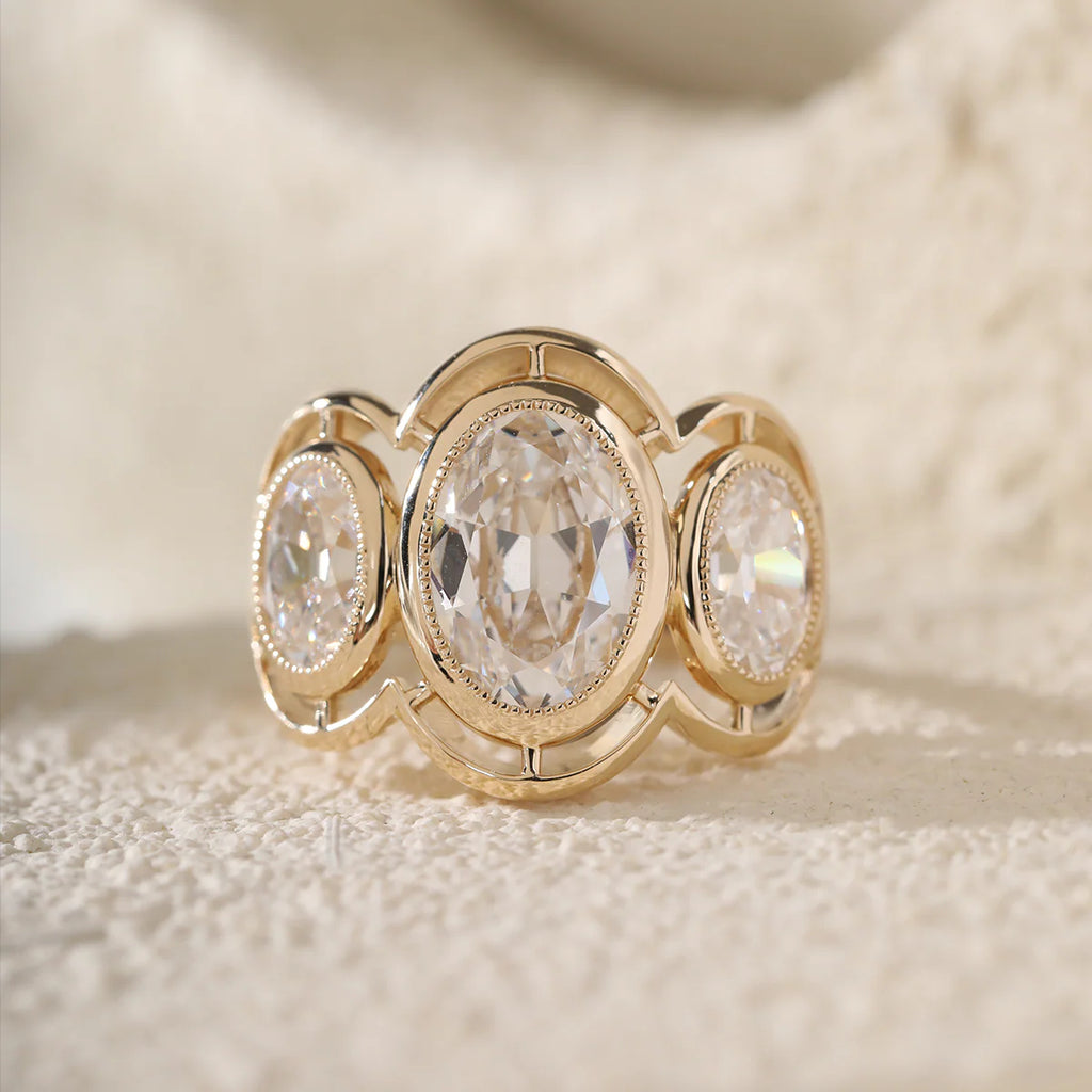 14K Yellow Gold 3ct Oval Old Mine Cut Lab Diamond Victoran-Style Millegrain Bezel Three Stone Ring