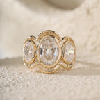 14K Yellow Gold 3ct Oval Old Mine Cut Lab Diamond Victoran-Style Millegrain Bezel Three Stone Ring