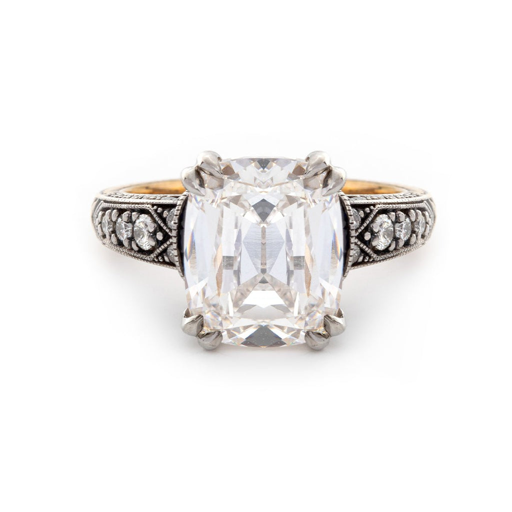 Long, old-mine cut lab-grown diamond ring, 18k vintage style ring