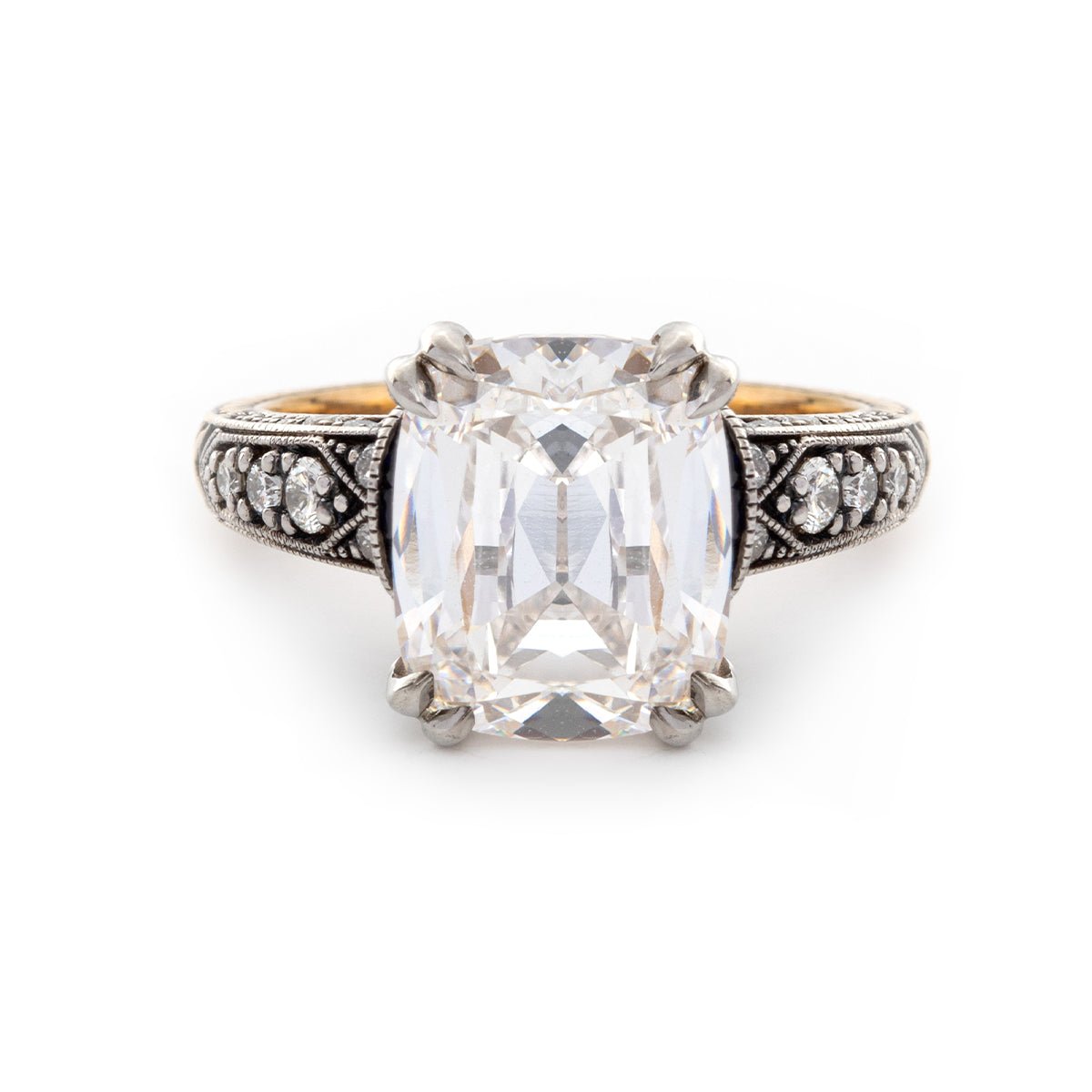 Long, old-mine cut lab-grown diamond ring, 18k vintage style ring
