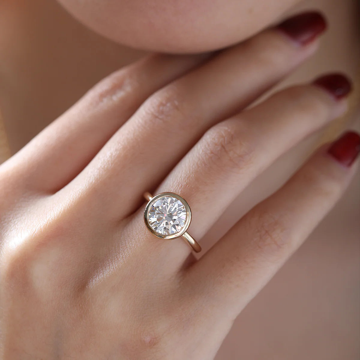 14K Yellow Gold Round Lab Diamond Bezel Crowm Basket Solitaire Ring