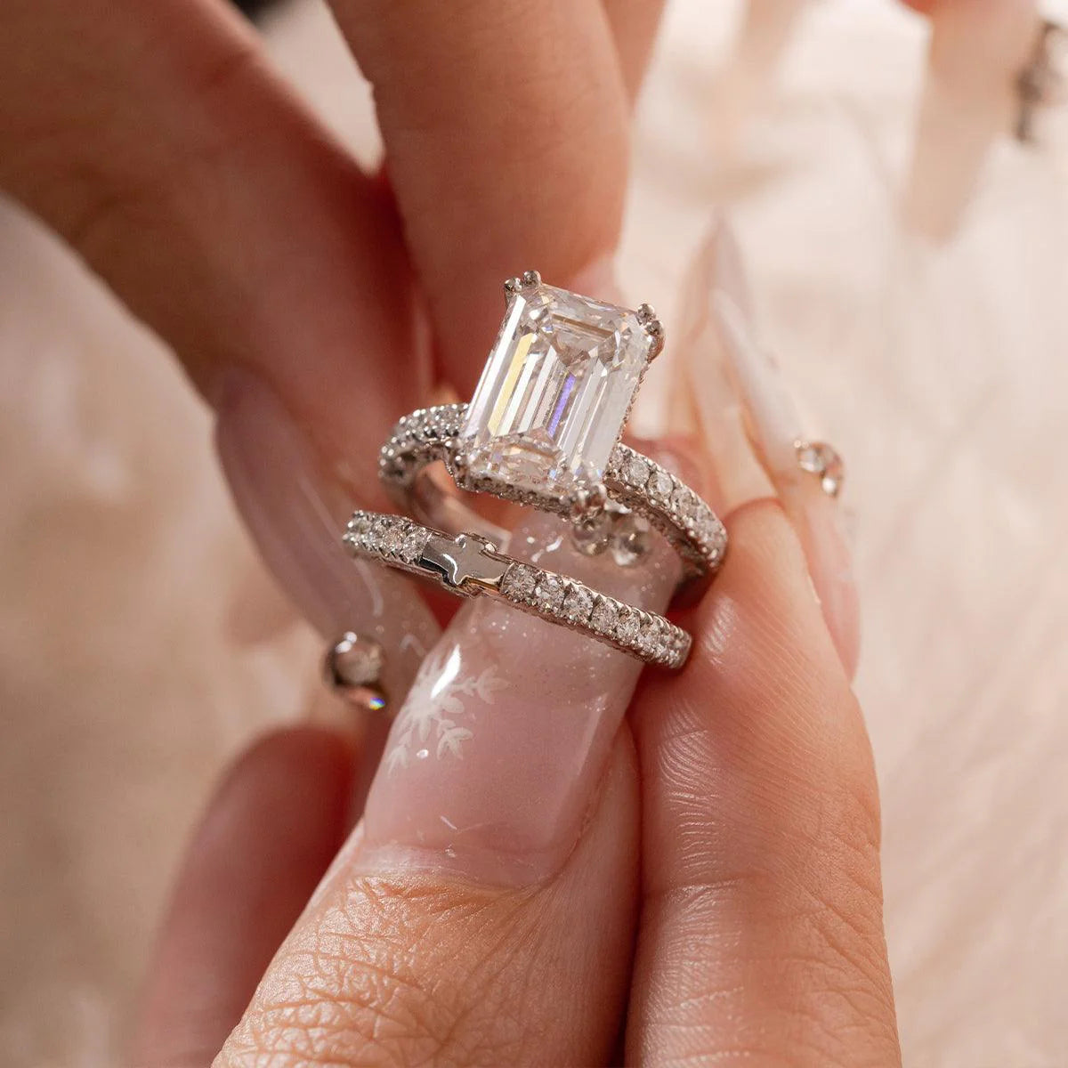 Emerald Cut Lab Diamond Double Round Prong Hidden Halo Millegrain Vintage Bridal Set — Engagement Ring with Half Eternity Band