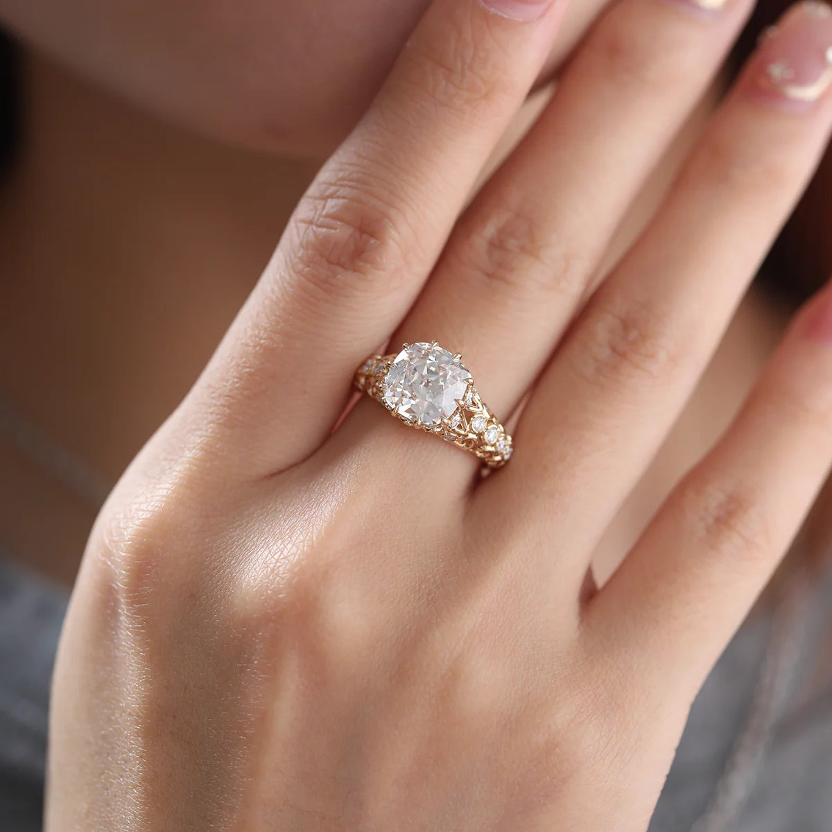 14K Yellow Gold 3.5ct Elongated Lab Diamond Antique-inspired Ring