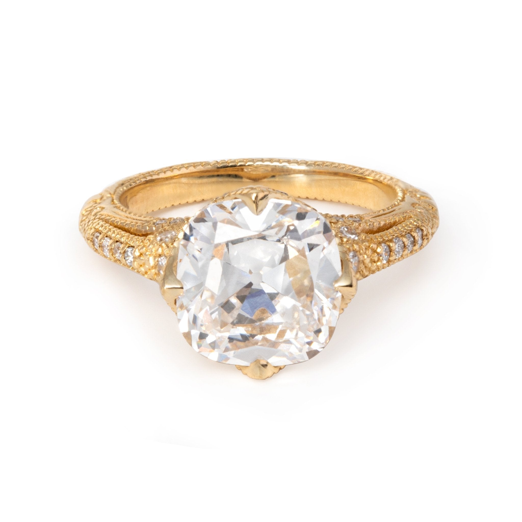 Elongated Old Mine Cut Lab-Grown Diamond Ring in Vintage Style with Crown & Side Stones