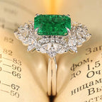 10*8mm Emerald-cut Green Lab-grown Emerald and Diamond Handmade Ring with Halo