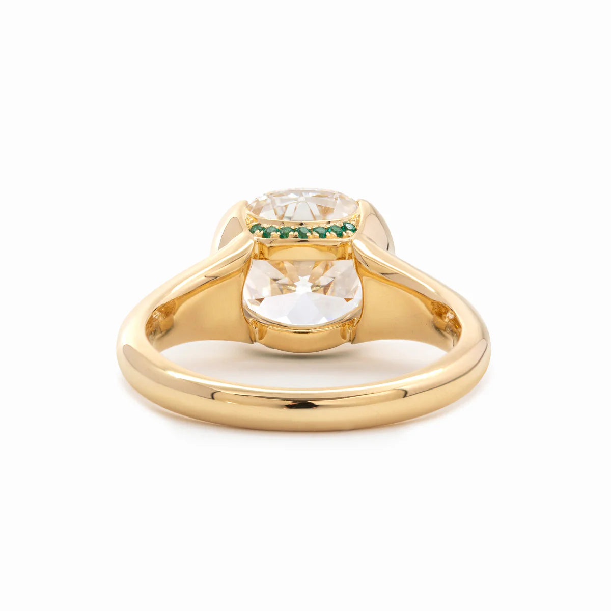 14k 18K Yellow Gold 3.5ct Old Mine Cut Lab Diamond Half Bezel Statement Ring with Hidden Round Lab Emerald Wave Pave