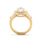 18K Yellow Gold 3ct Antique Bagua-shaped Step Cut Lab Diamond Ring with Tapered Step Cut Lab Diamond Halo and Two Tapered Baguette Cut Side-stone