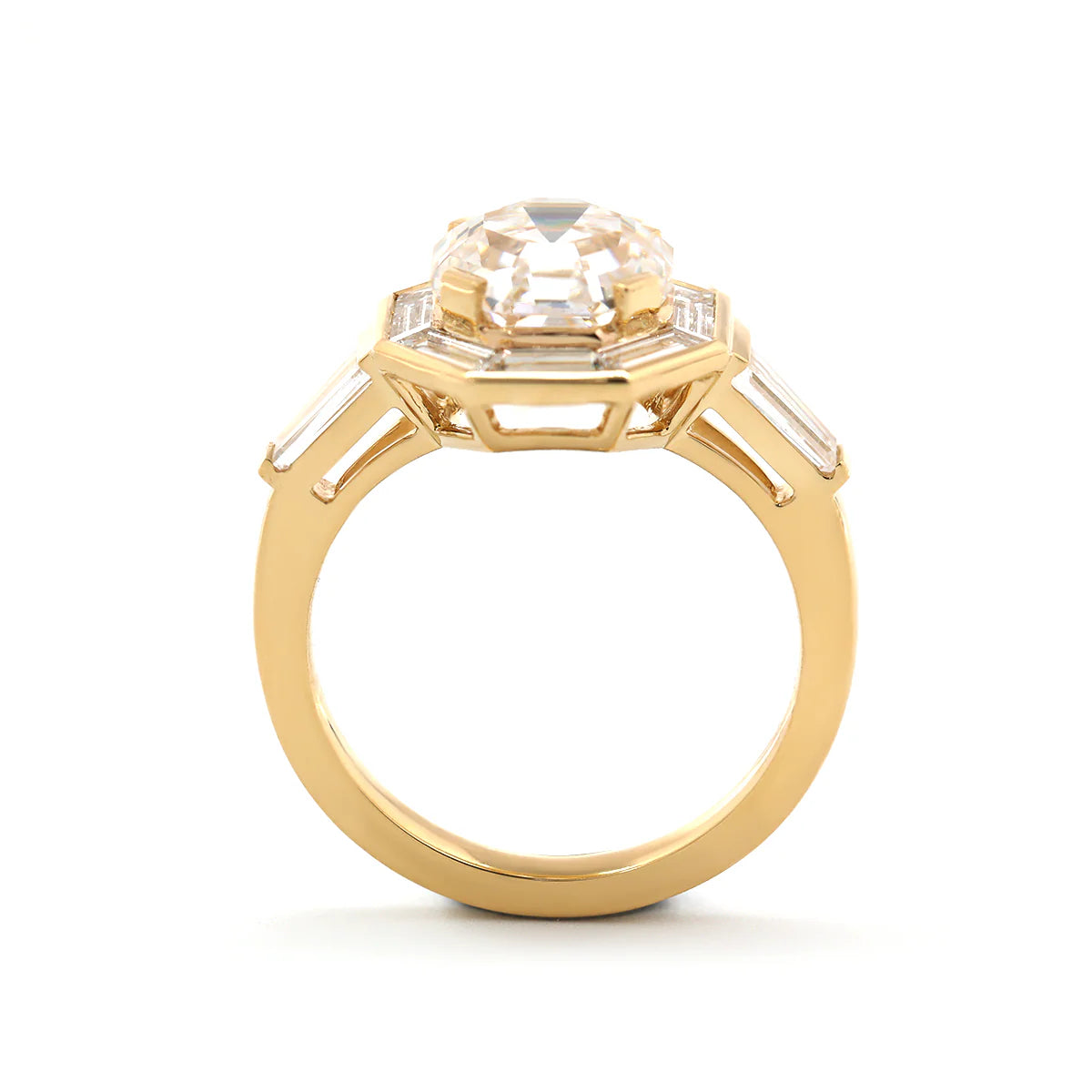 18K Yellow Gold 3ct Antique Bagua-shaped Step Cut Lab Diamond Ring with Tapered Step Cut Lab Diamond Halo and Two Tapered Baguette Cut Side-stone