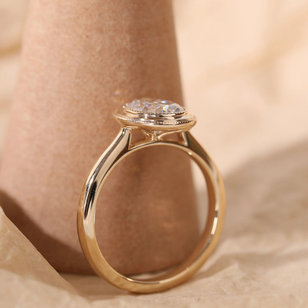 14K 18K Yellow Gold Oval Cut Lab Diamond Thousand Grain Basket Style Solitaire Ring