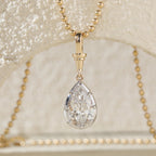 14K Yellow Gold Necklace with 3ct Pear Shaped Lab Diamond Pendant in White Gold Bezel Setting and Beaded Chain