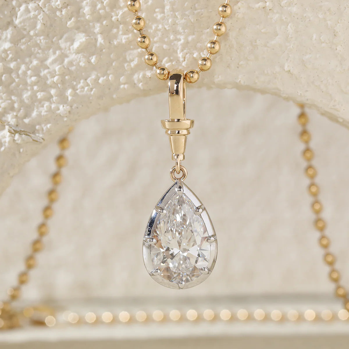 14K Yellow Gold Necklace with 3ct Pear Shaped Lab Diamond Pendant in White Gold Bezel Setting and Beaded Chain